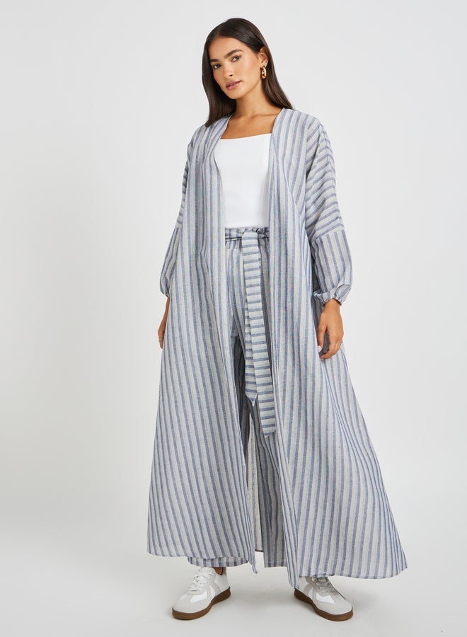 ستايلي كيمونو طويل مخطط بمظهر كتان بقصة عادية - Image 2